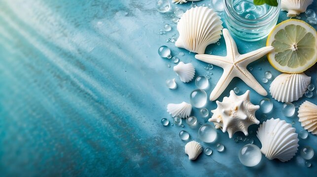 Refreshing sea-inspired composition with white starfish and shells on a textured blue background with water droplets
