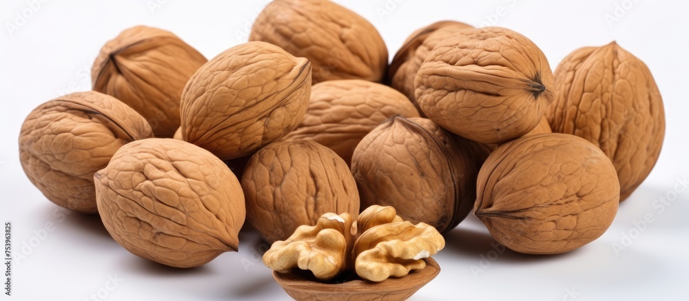 Poster a bunch of nuts, specifically walnuts, neatly arranged on top of a clean white table. the walnuts ar