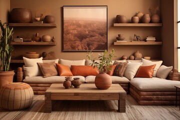 Fototapeta na wymiar Cozy Earthy Tones Living Room Decor: Warm Seating Vibes Sync