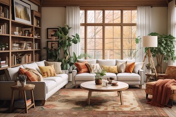 Earthy Vibes: Warm-Toned Living Room Decor with Patterned Rugs & Wooden Accents