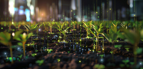 Fototapeta premium Digital farming, digital network, Iot, and Ai in agriculture and farming. Wide format. Hand edited AI. 