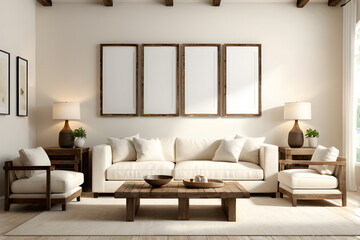 Fototapeta na wymiar Elegant living room interior with white sofa, wooden coffee table and minimalist wall decoration. Natural lighting adds warmth and comfort to the room