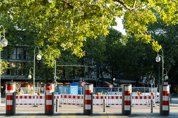 Automatic road bollards, roadworks with road blocks in the city