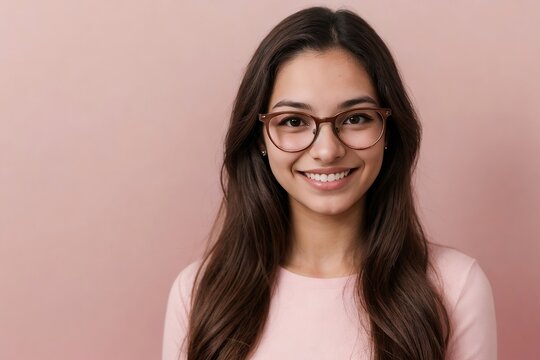 Happy young Brazilian woman with glasses on a pink background with copy space.