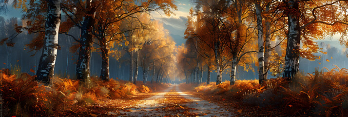 autumn forest in the morning on the road,
Autumnal Avenue with Golden Trees and Leaf-cover