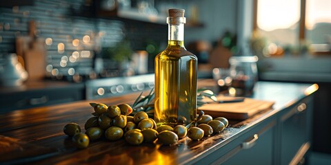 a bottle of olive oil and some green olives on a counter - Powered by Adobe