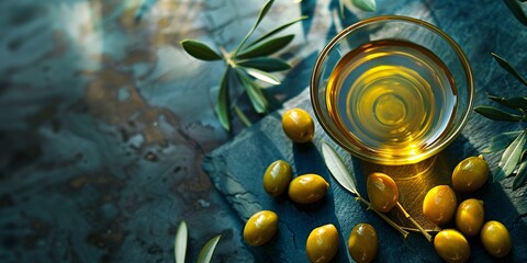a bowl of oil and olives on a stone surface