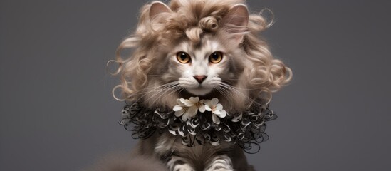 A cat named Miki, an American Curl breed, is wearing a wig on its head. The cat showcases its unique curled ears, fierce gaze, and playful charm. - obrazy, fototapety, plakaty