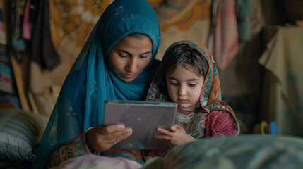 Happy Arab Mother with Hijab and Child on Tablet
