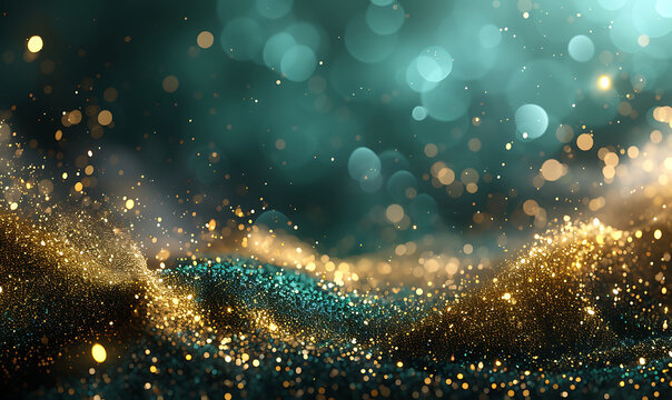 Abstract blurred bokeh background. gold particles on an out of focus emerald green background