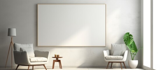 A modern living room featuring two chairs and a large empty picture frame hanging on the wall. The room is bright and inviting, with a minimalist design.