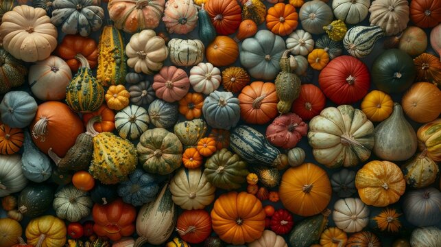 A lively and lively background filled with colorful pumpkins arranged against a backdrop of bright hues.