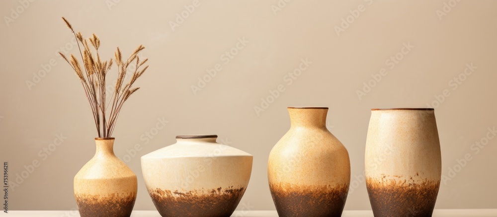 Poster a group of three ceramic vases in various shapes and sizes placed on top of a wooden table with a be