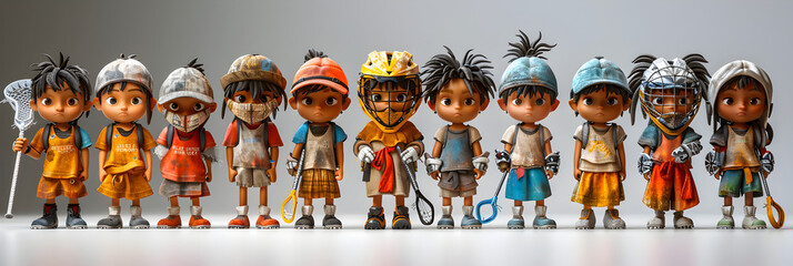 A 3D animated cartoon render of a group of lacrosse kids standing together.