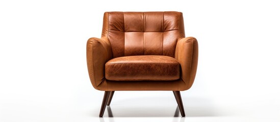 A brown leather chair with distinctive straps is placed on a clean white background. The chairs design and color contrast sharply with the minimalist background. - obrazy, fototapety, plakaty