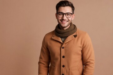 Obraz premium Friendly man wearing warm clothes and glasses, smiling and looking at the camera, standing on a peach background with copy space.