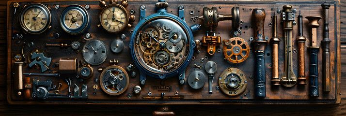 antique clock mechanism,
Watchmakers workshop. Disassembled clockwork - obrazy, fototapety, plakaty