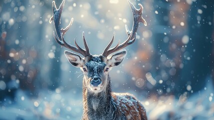 noble deer male in snow forest winter landscape christmas background 