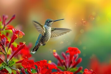 Naklejka premium A hummingbird hovering over bright red flowers wings in a blur