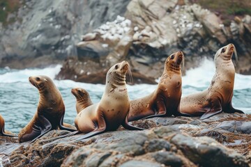 Fototapeta premium A group of playful sea lions sunbathing on rocky shores