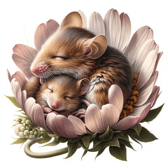 Fototapeta na wymiar Illustration of two mice, a mother and a baby, sleeping in the embrace of a blooming flower.