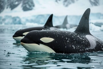 Fototapeta premium An orca pod swimming in the cold blue waters of the Arctic
