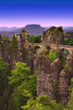 Bastei Bridge and Mesa Lilienstein, Saxon Switzerland, Saxony, Germany, Europe.