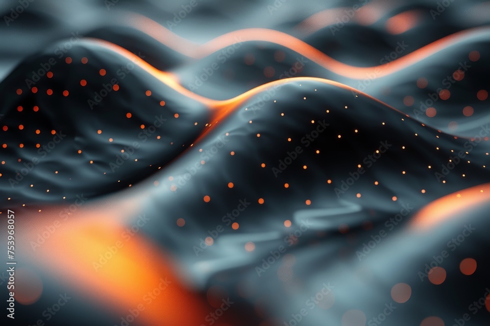 Poster a digital abstract of undulating waves with suspended glowing particles invoking a sense of flow