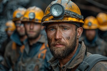 A close-up of a miner with a serious expression, helmet with a lamp on, and face smeared with soot and grime