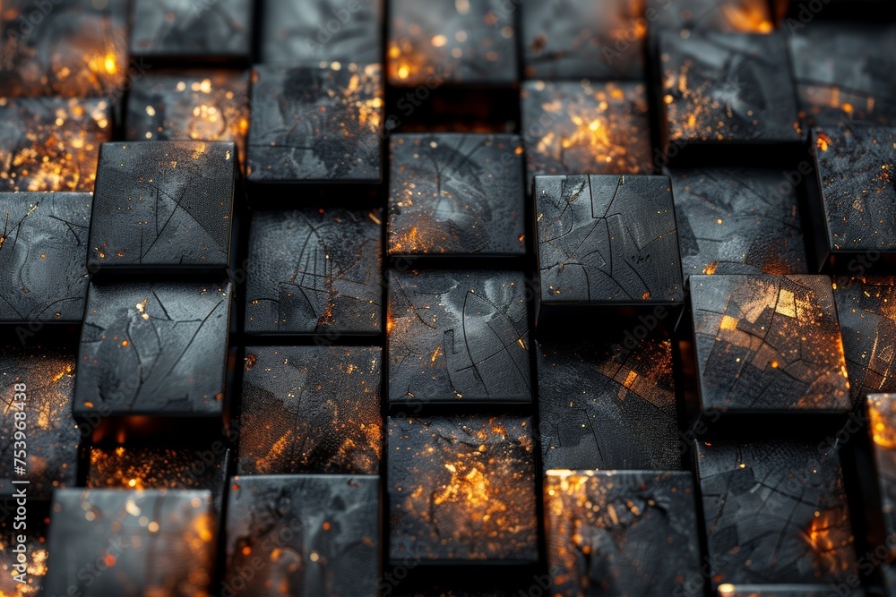 Poster close-up image of 3d black squares with detailed textures and orange sparks symbolizing energy and a