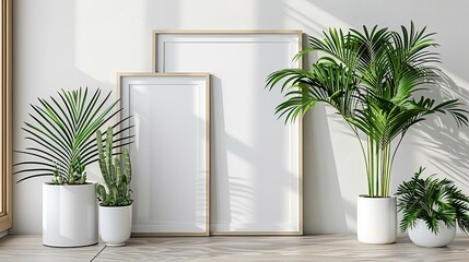 empty wall art picture frame mockup and potted plant 