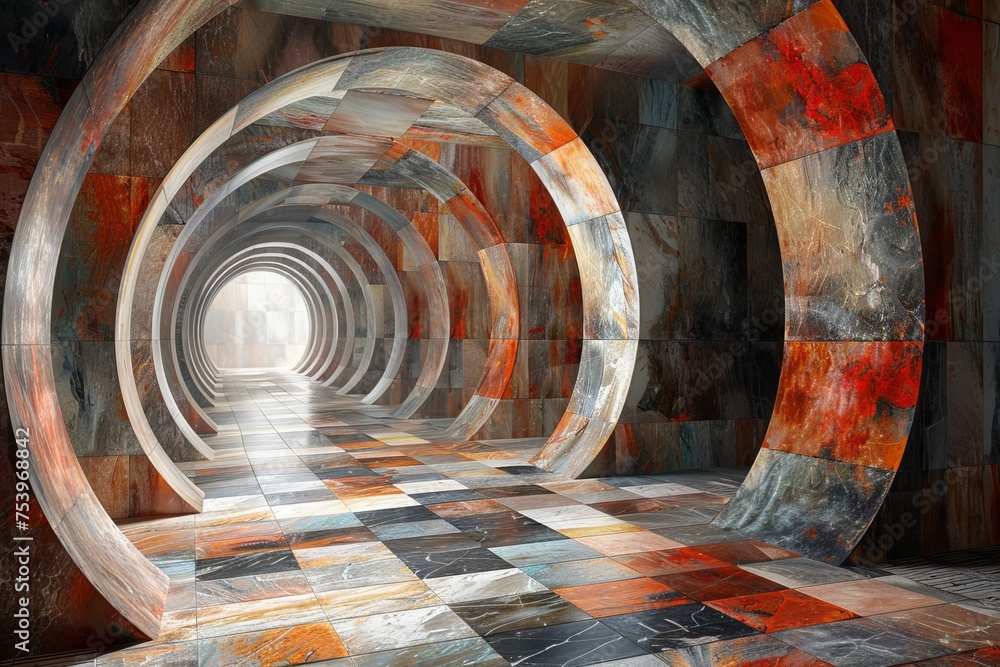 Aufkleber a digitally designed corridor with vibrant colors and patterns giving a surreal and dimensional appe