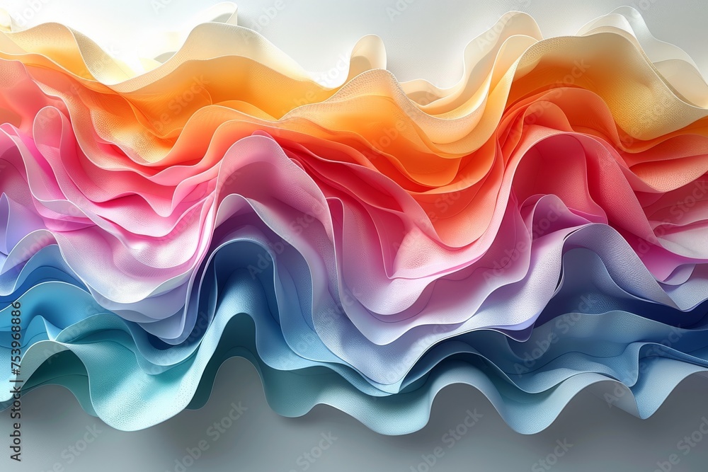 Poster a digital image of smooth waves in a fabric-like texture basks in a gradient of colors representing 