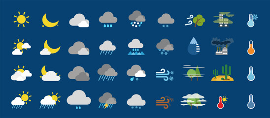 Weather icons. Weather forecast icon set. All seasons weather icon. Weather, rain, snowflakes, thunderstorm, sunny, cloudy, wind, daylight, night, temperature, rainbow, sun, moon. Vector illustration