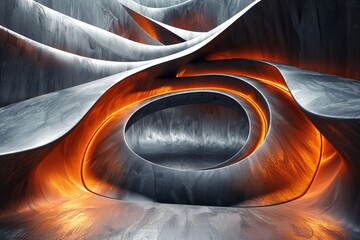 A dynamic composition of swirls creating an abstract futuristic tunnel in orange and grey tones