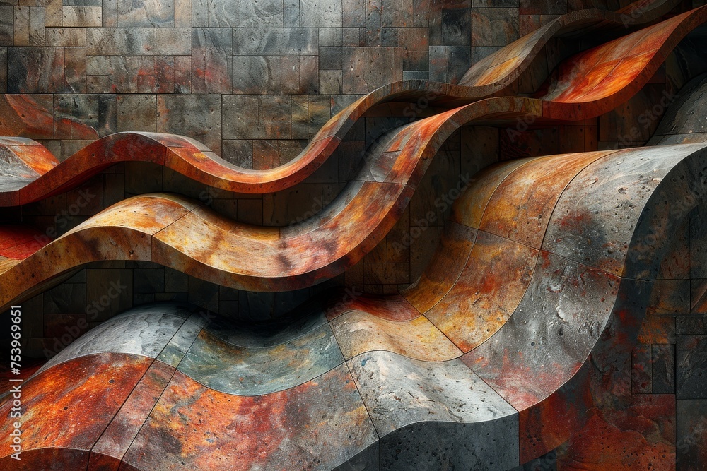 Poster captivating abstract patterns of wavy metal structures with hints of rust, suggesting fluidity and d