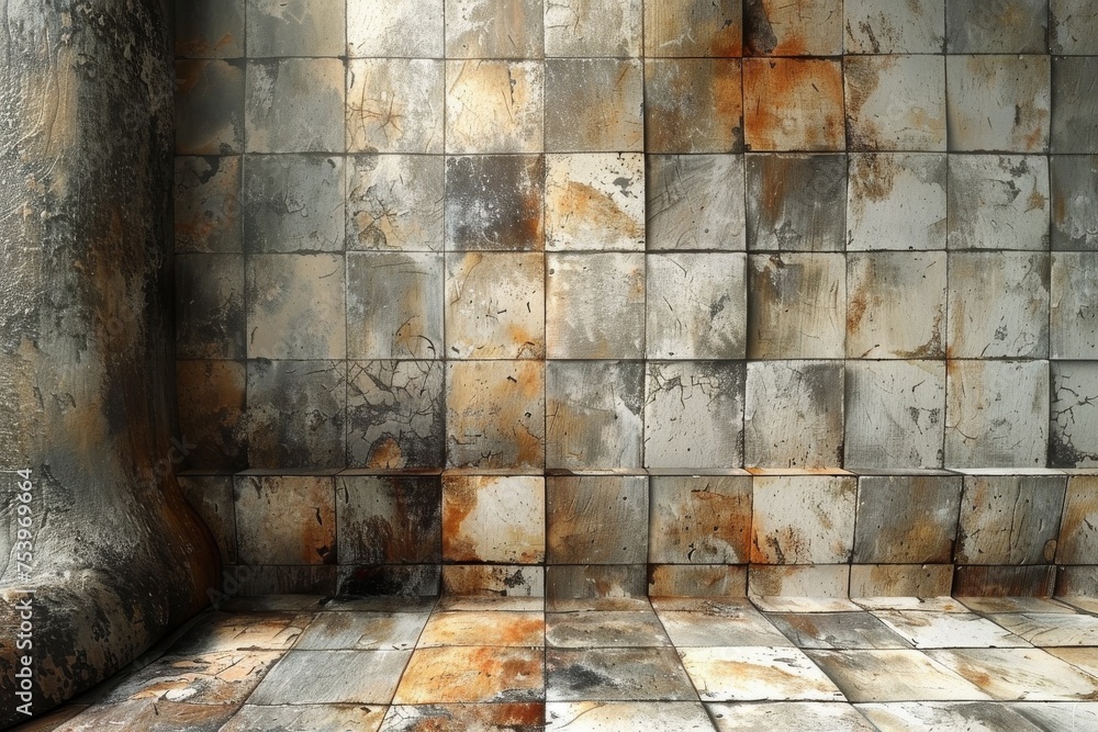 Poster an image of a dilapidated tiled wall with rust and weathered stains creating a decrepit urban look