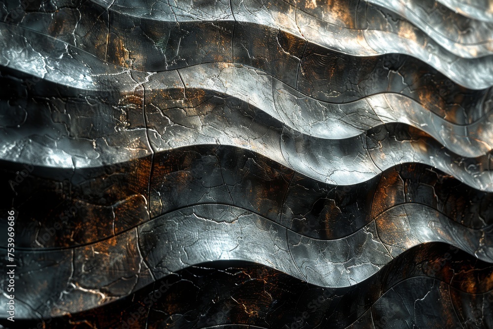 Aufkleber a close-up of layered black stripes with a metallic texture and cracks showcasing an abstract patter
