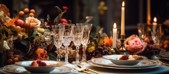 A formal dinner table is elegantly set with flowers, candles, and empty glasses in preparation for a festive wedding feast. The table exudes sophistication and romance, creating a perfect ambiance for