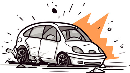 Detailed Vector Art Showing a Car Accident on a Mountain Pass with Falling Rocks