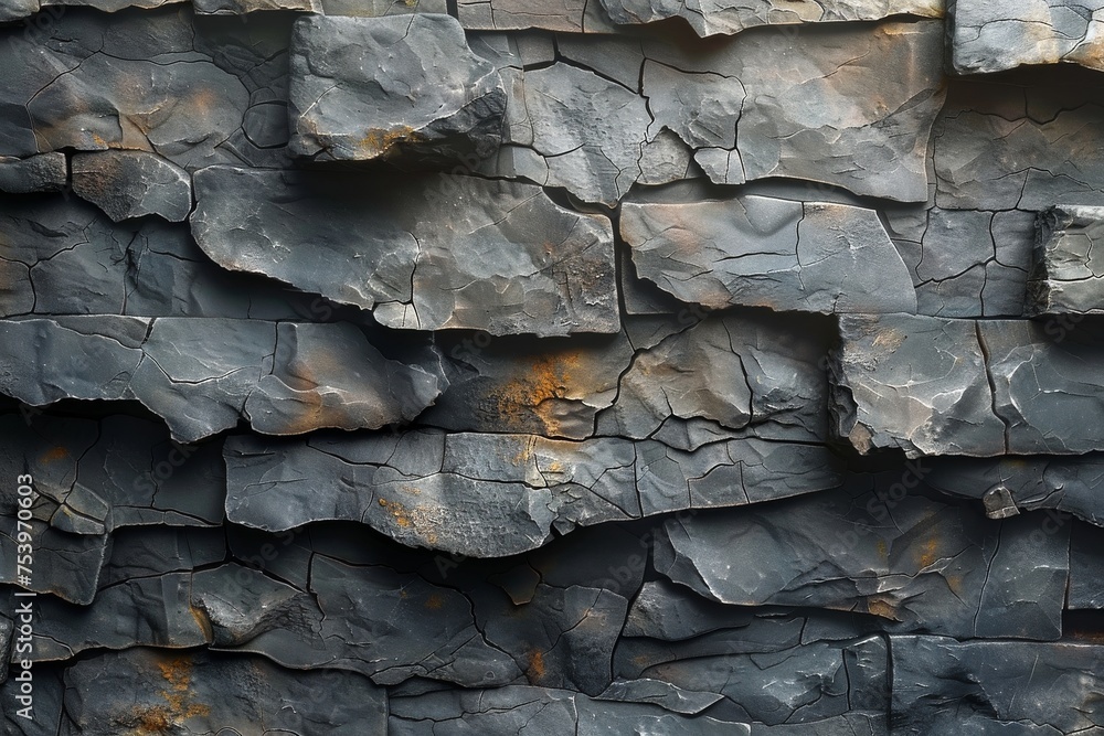 Poster the image displays a close-up view of a rugged and textured dark stone wall with hints of rust, show