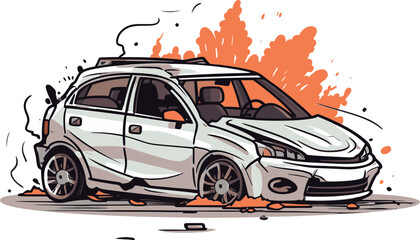 High Quality Vector Art of a Car Accident Involving a Runaway Tire