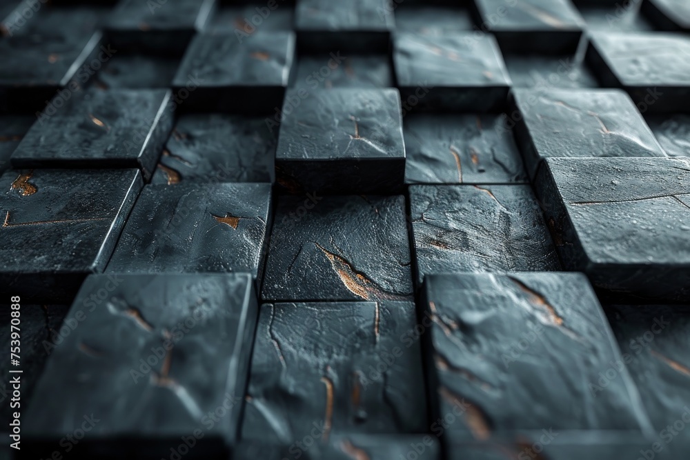 Poster close-up of dark metallic cubes with rustic texture and orange rust details hinting at wear and age