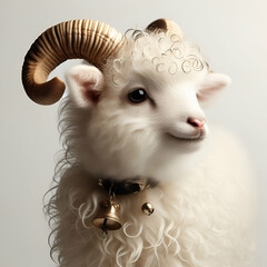 Portrait of a Cute Baby Ram Alpine Sheep Wearing a Gold Bell Portrait on a White Background. Charming Fluffy Pet Farm Animal White Kid, Easter Lamb, or Goatling. Farming and Agriculture. Greeting Card