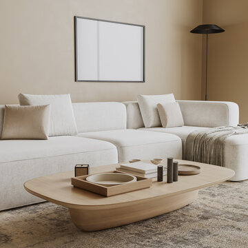 blank picture frame mock up in modern living room interior, 3d render