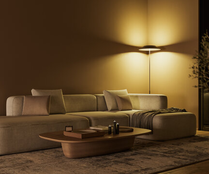 Living room interior at night with floor lamp warm light, 3d render