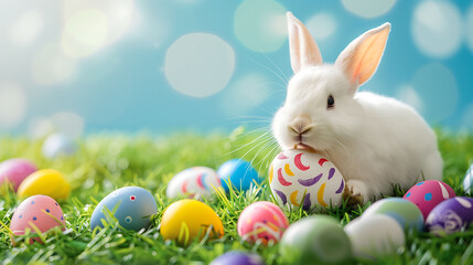 Cute Easter bunny with colorful Easter eggs and cute decorations