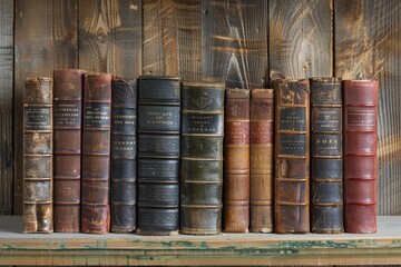 Antique books stacked on a wooden shelf wisdom and history contained in leather bindings