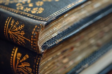 Close-up of a book spine with intricate designs focus on the beauty and craftsmanship of bookbinding