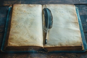 Detailed view of a quill pen on an open blank book invitation to write and contribute to literature